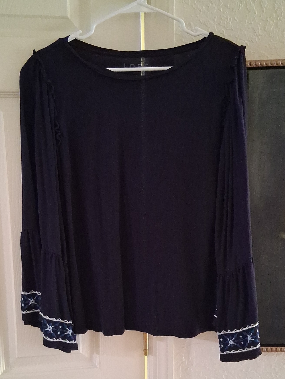 LOFT Navy Long-Sleeve Embroidered Bell Cuff Top